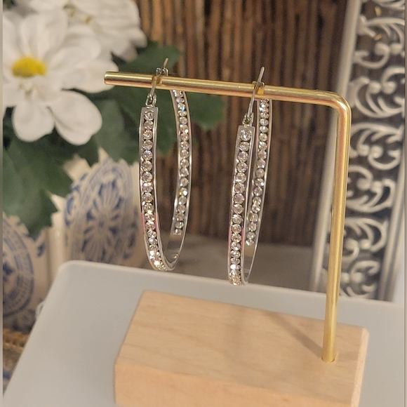 SILVER PLATED IN -OUT CZ HOOP EARRINGS HOOPS - Picture 3 of 4